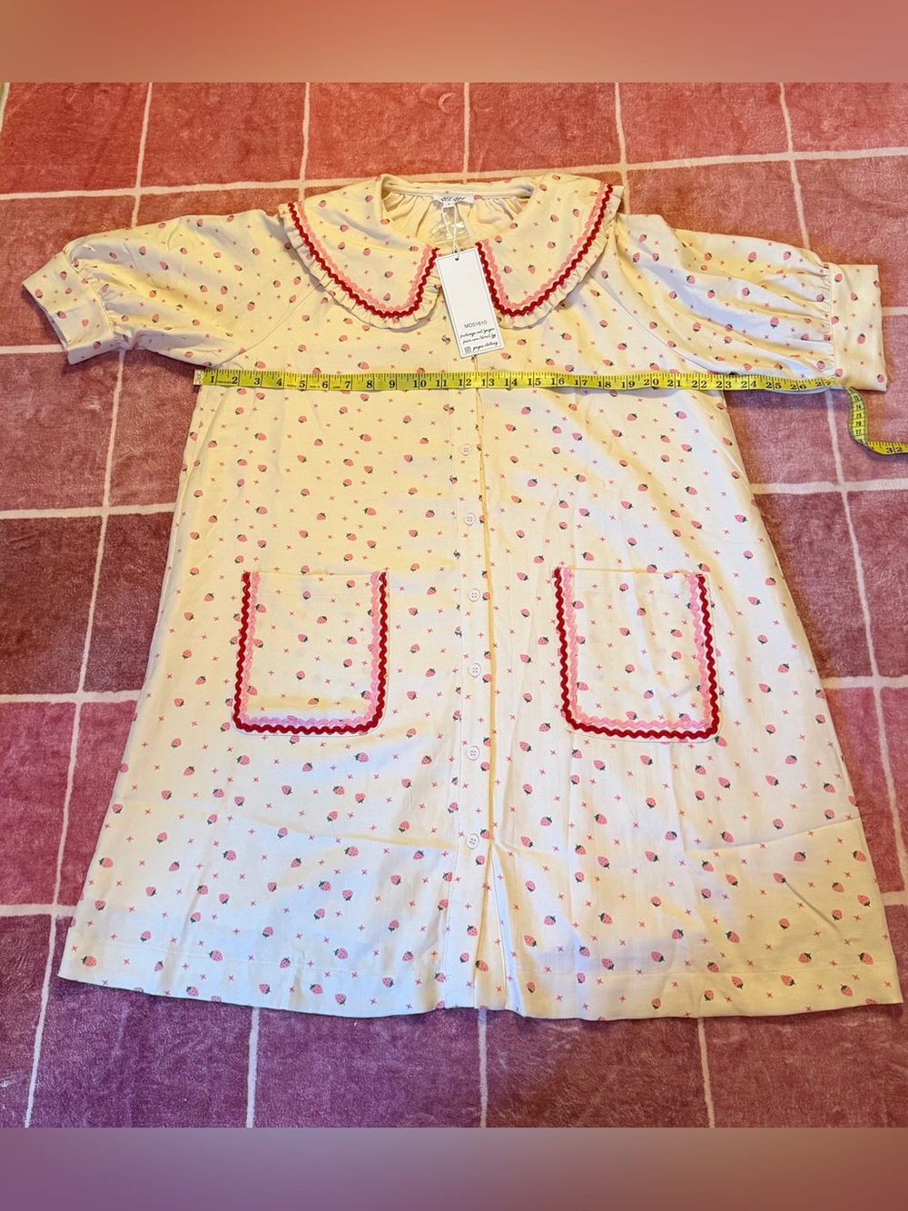 Cream Mini Dress with Pink Dot Print and Red Trim